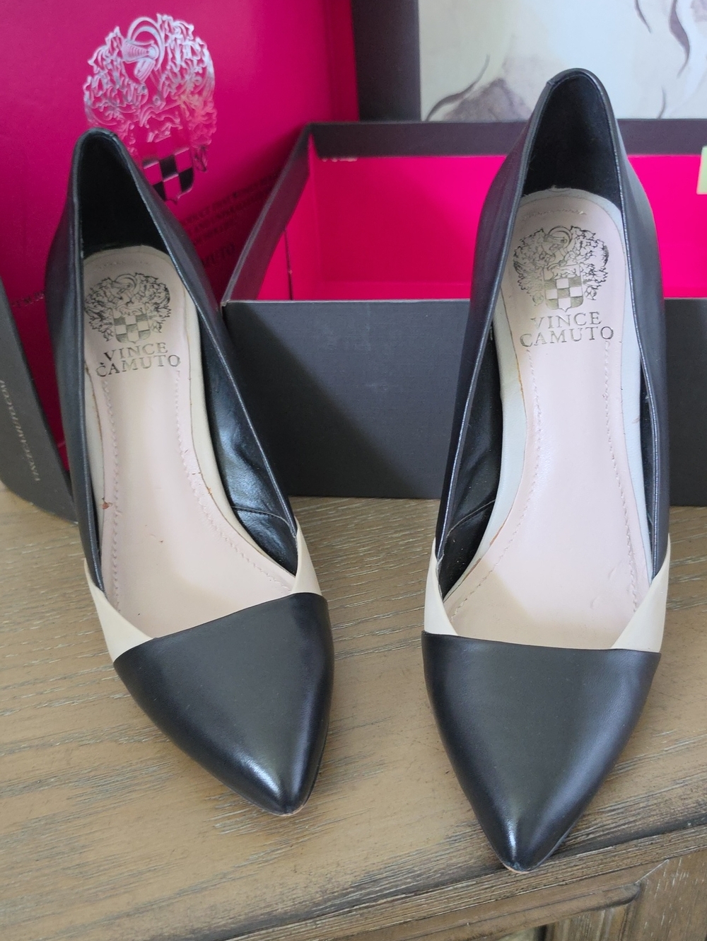 Vince Camuto Black and Cream Pointed Toe Leather Pumps